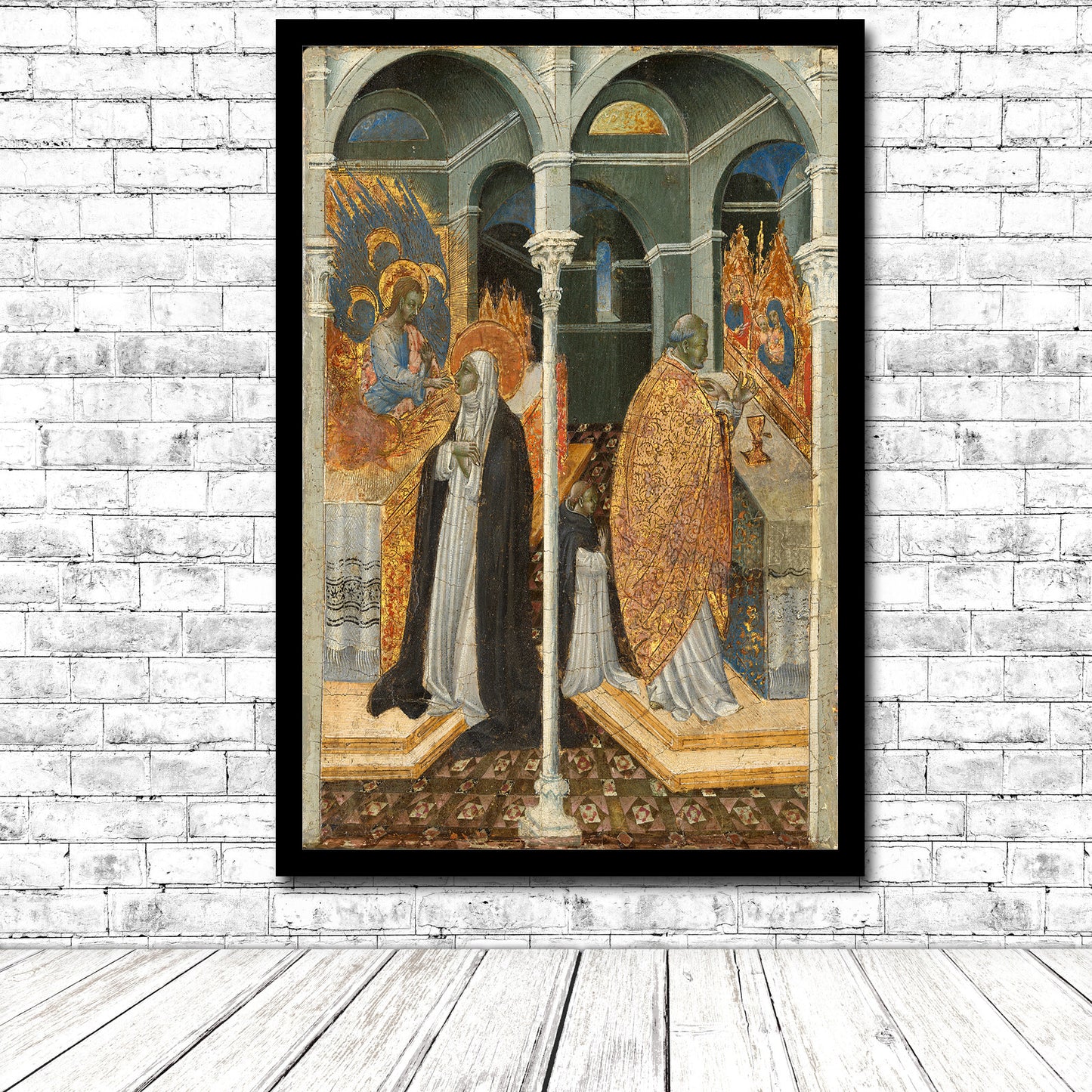 A printed art piece featuring a historical painting with two figures, a colorful altar, and architectural elements, framed in a black frame.