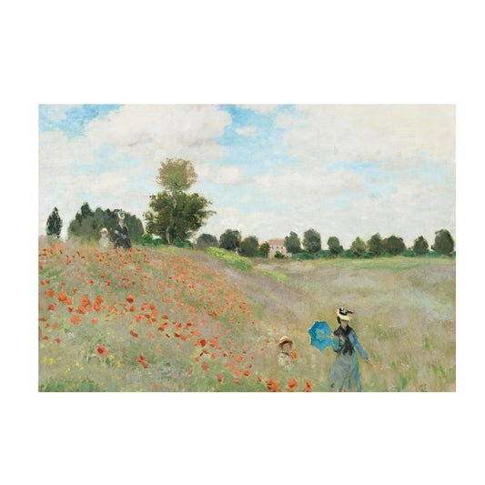 A framed print of 'The Poppy Field near Argenteuil' by Claude Monet, showing a landscape with red poppy fields and figures.