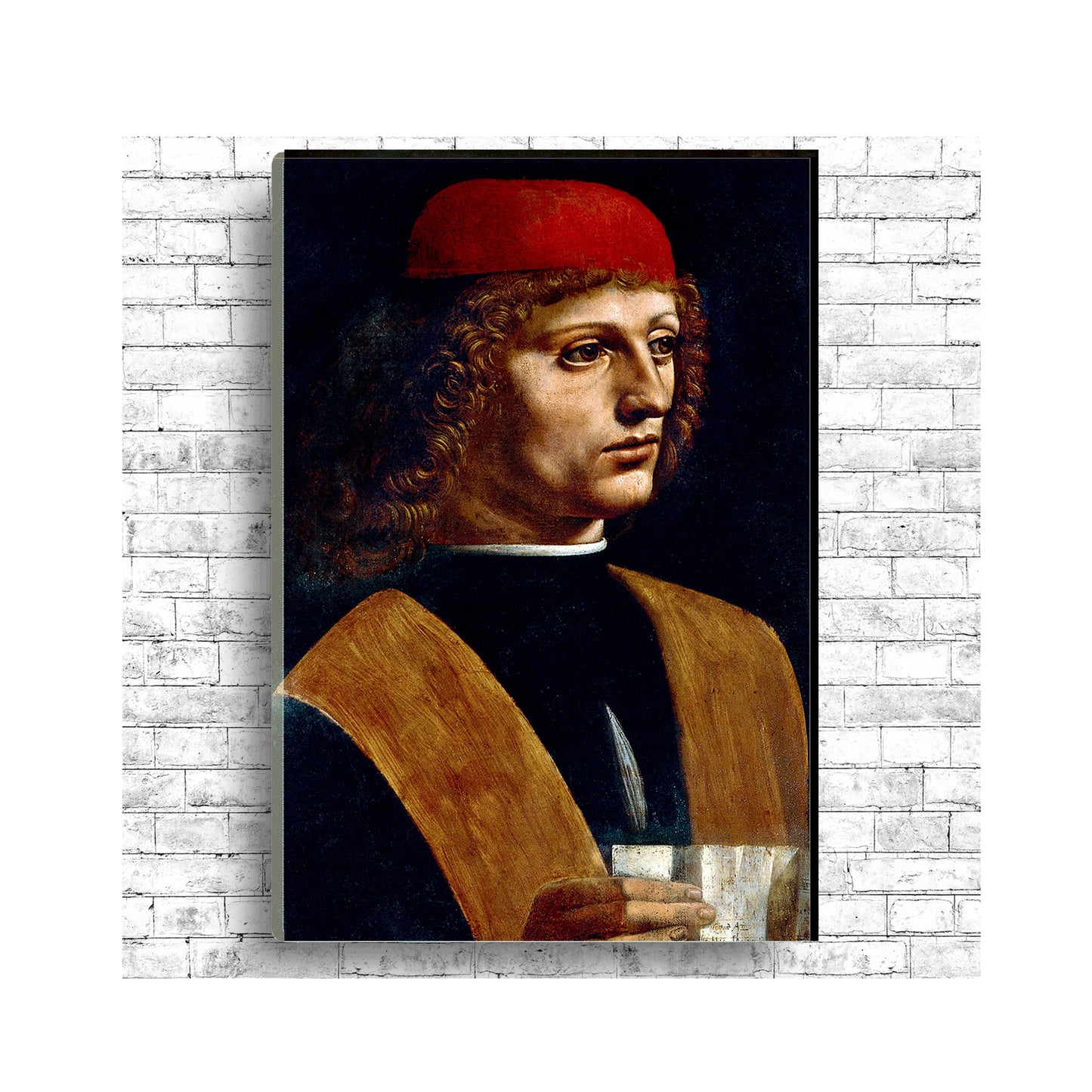 A framed portrait print of a musician wearing a red hat and a brown garment, holding a music sheet, with a dark background.