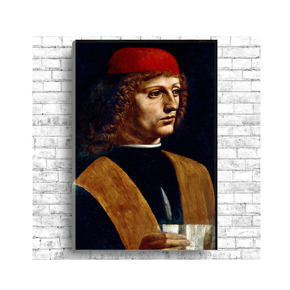 A framed portrait print of a musician wearing a red hat and a brown garment, holding a music sheet, with a dark background.