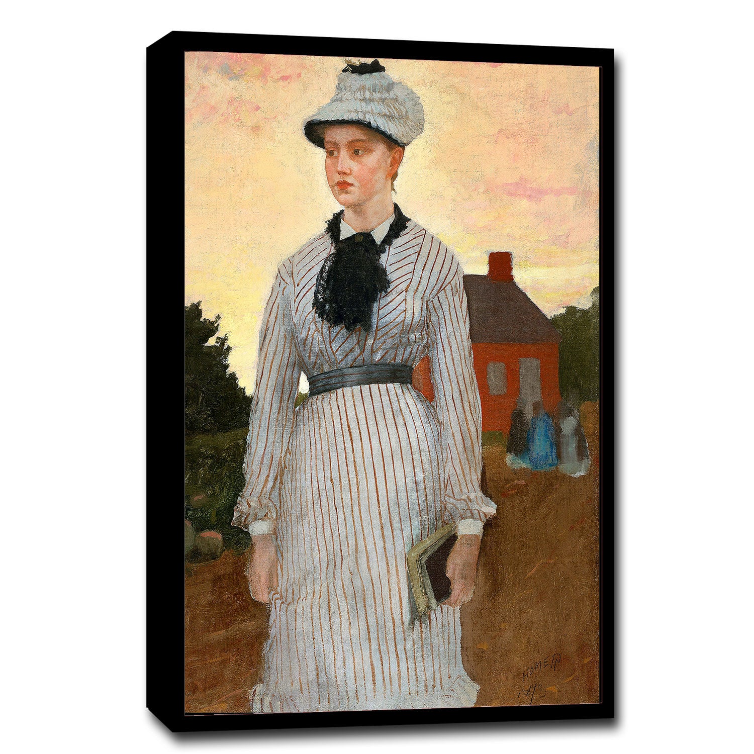 A framed print depicting a woman in a Civil War era dress standing in front of a house, with a predominantly white and black color scheme.