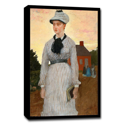 A framed print depicting a woman in a Civil War era dress standing in front of a house, with a predominantly white and black color scheme.