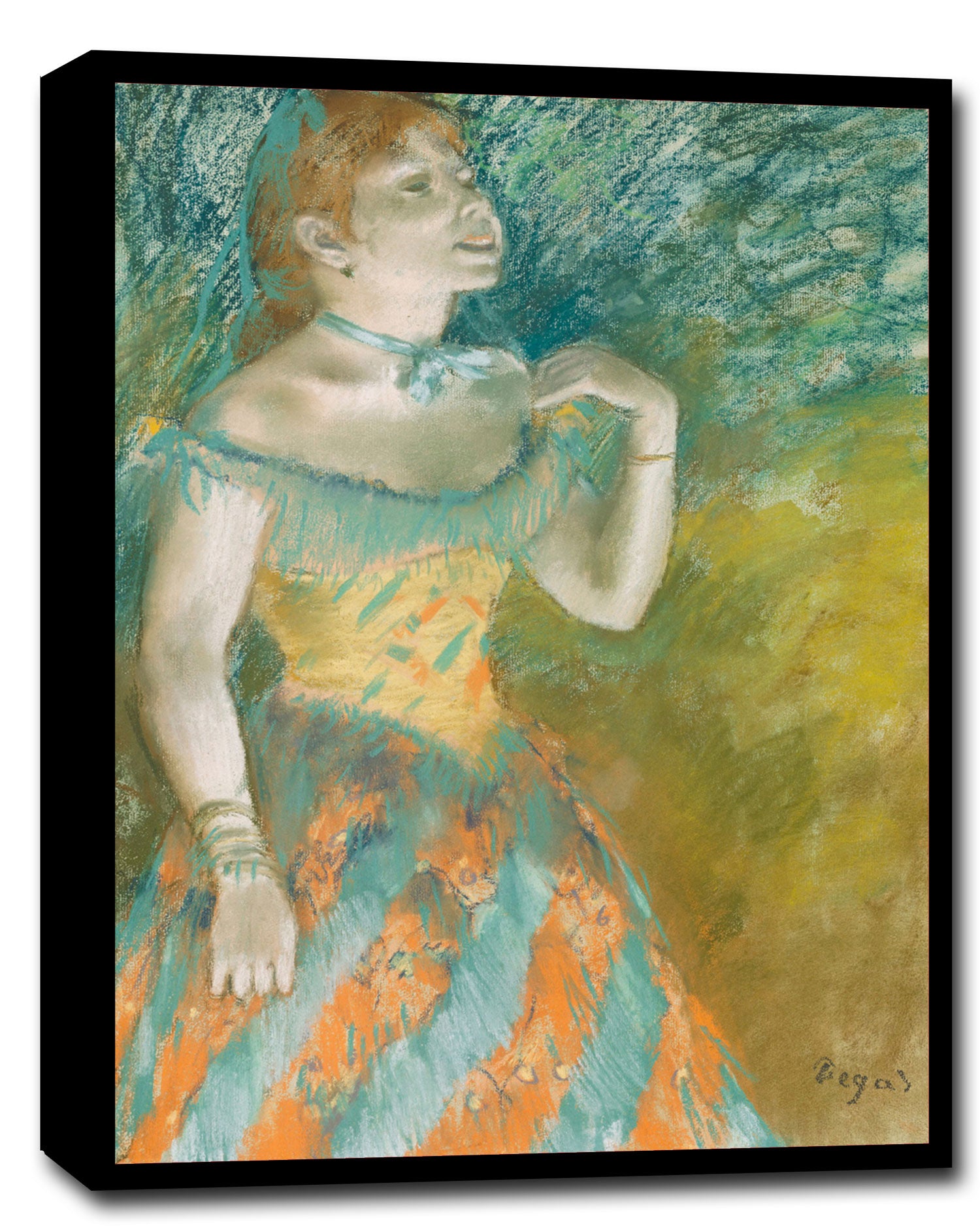 A framed print of 'The Singer in Green' by Edgar Degas, depicting a woman in an off-the-shoulder dress, with an accent color border.
