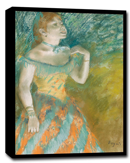 A framed print of 'The Singer in Green' by Edgar Degas, depicting a woman in an off-the-shoulder dress, with an accent color border.