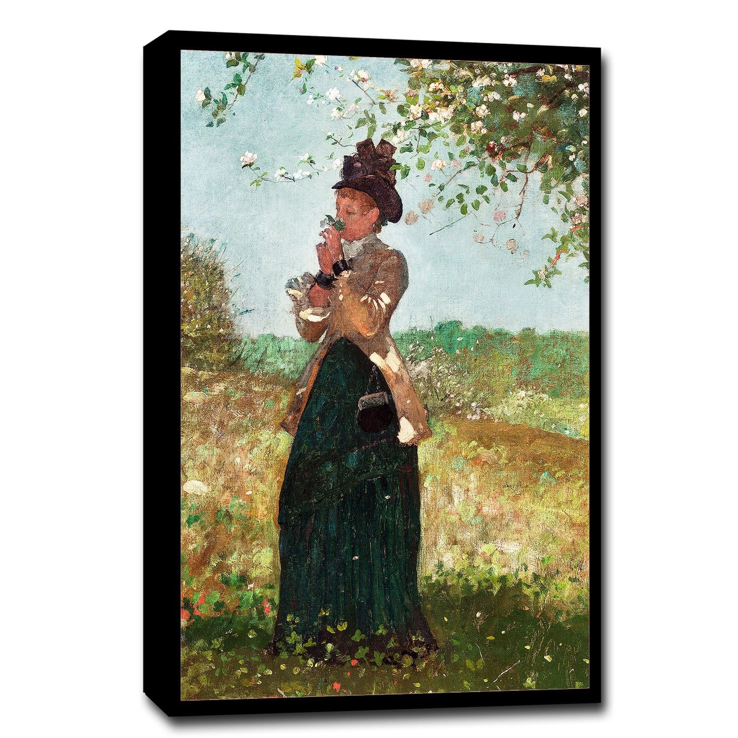 A printed art piece featuring a woman in Victorian clothing standing in a garden, with a black frame around it.