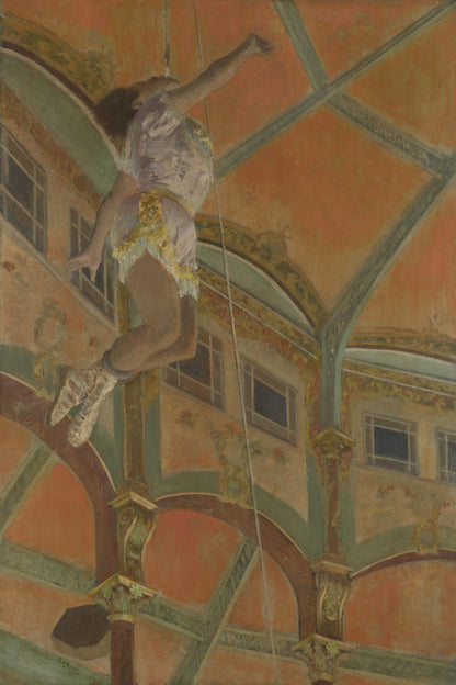 A framed print of 'The Acrobat' by Edgar Degas, depicting a acrobat performing on a tightrope against an architectural backdrop.