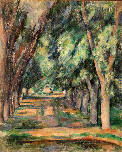A framed print of a painting depicting a avenue of chestnut trees with a pathway leading into the distance, in a natural setting.
