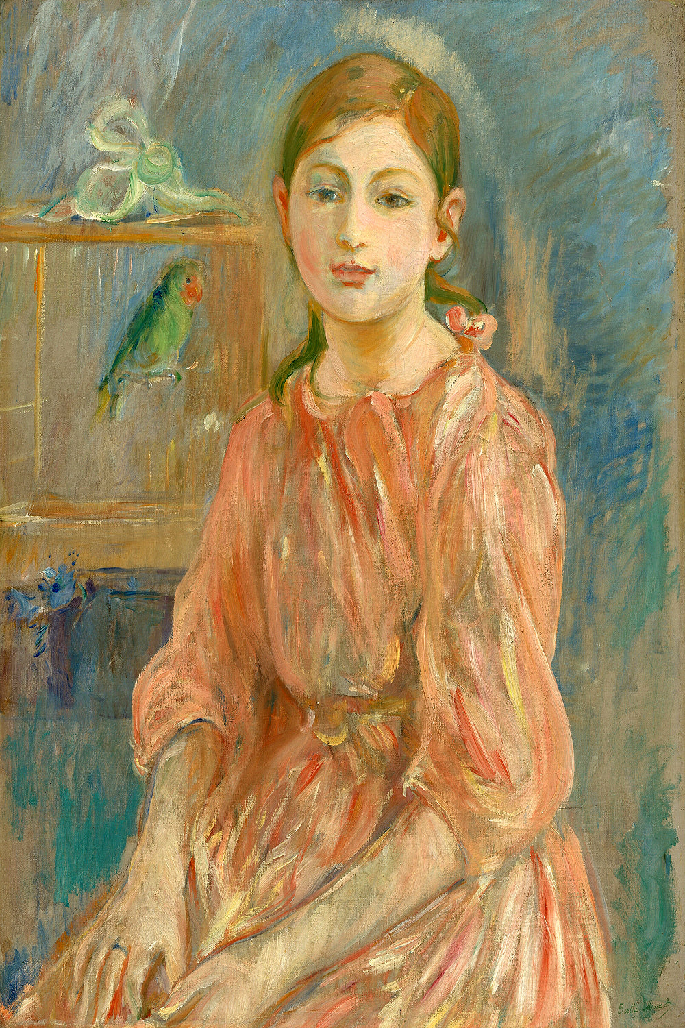 A framed painting of a young girl in a pink dress sitting next to a small birdcage with a parakeet.