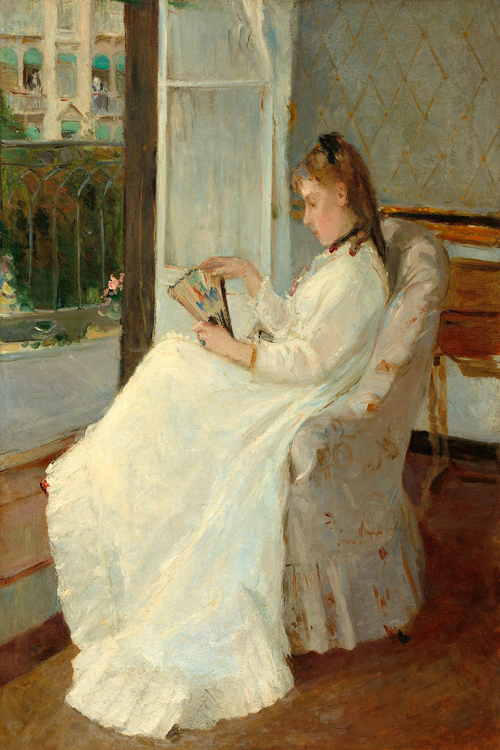 A framed print of a painting depicting a woman in Victorian-era dress seated by a window, with options for mounting or framing the artwork.