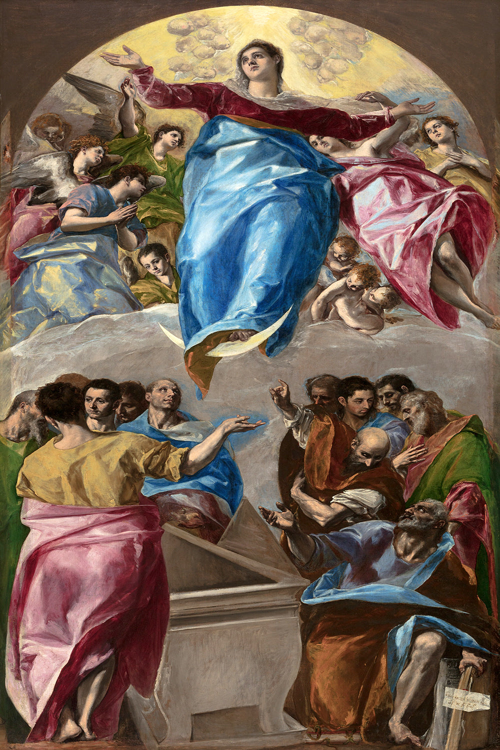 A printed art piece depicting 'The Assumption of the Virgin' by El Greco, showing the Virgin Mary ascending into Heaven with surrounding figures in colorful robes.