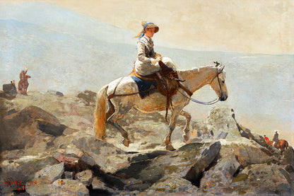 A framed print depicting a person riding a horse in a landscape setting with rocks and a distant figure.