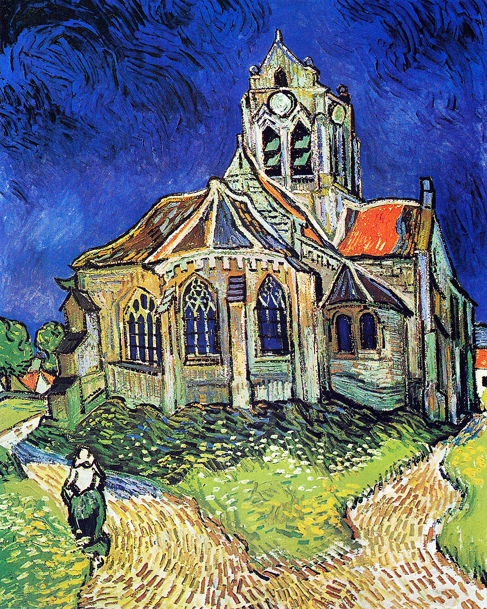 A printed art piece featuring 'The Church at Auvers' by Vincent Van Gogh with a visible textured surface, vibrant colors, and a choice of frame colors.