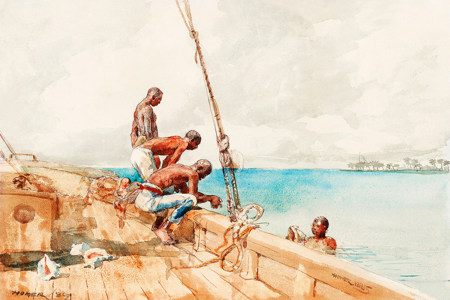 A framed print depicting a historical painting with two individuals on a wooden boat, set against a backdrop of calm blue waters and a sky horizon.