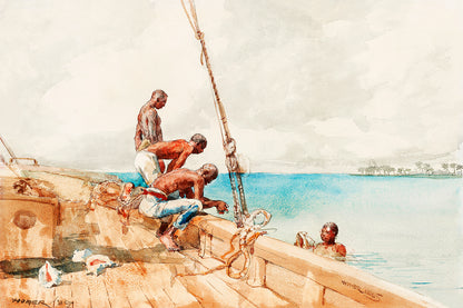 A framed print depicting a historical painting with two individuals on a wooden boat, set against a backdrop of calm blue waters and a sky horizon.