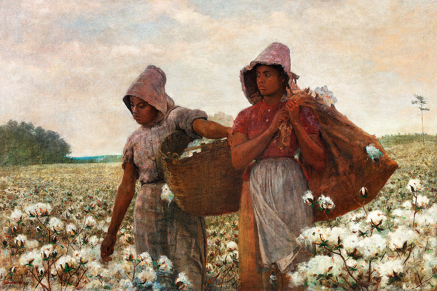 A printed art piece featuring two individuals in a cotton field, framed in a wooden frame with a white border.