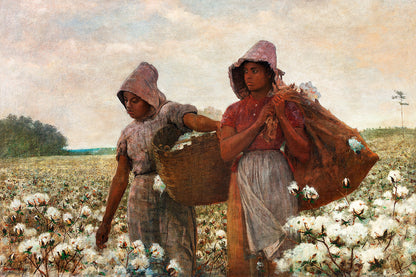 A printed art piece featuring two individuals in a cotton field, framed in a wooden frame with a white border.