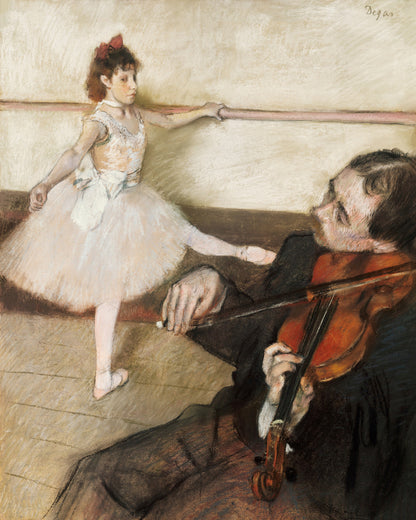 A framed print of 'The Dance Lesson' by Edgar Degas, depicting a ballet dancer in a white dress and a man playing a violin, with a black frame.