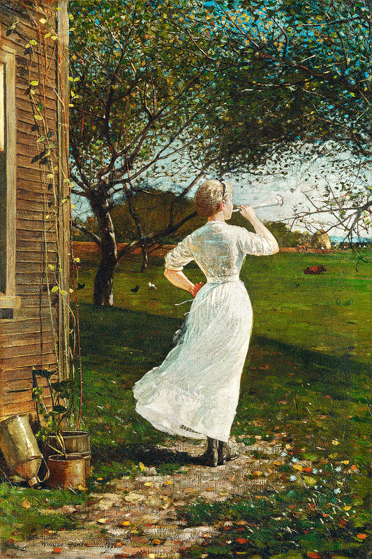 A framed print of a painting depicting a person in a white dress standing near a tree and a wooden structure, with options for mounting or framing the artwork.