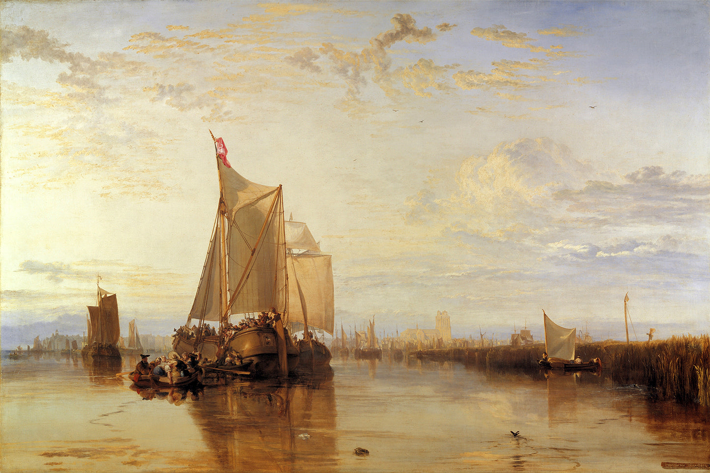 A framed print of a seascape painting featuring ships on calm waters with a cityscape in the background, titled 'The Dort Packet-Boat from Rotterdam Becalmed' by J.M.