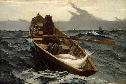 A framed print depicting a person rowing a boat in choppy ocean waters, with a focus on the figure and the boat against a backdrop of stormy clouds.