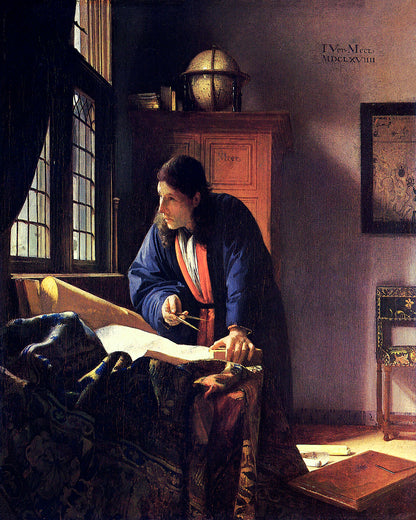 A printed art piece depicting a person engaging with a map, set within a framed border, with options for customization such as different colored borders or mounting on acid-free paper or canvas.