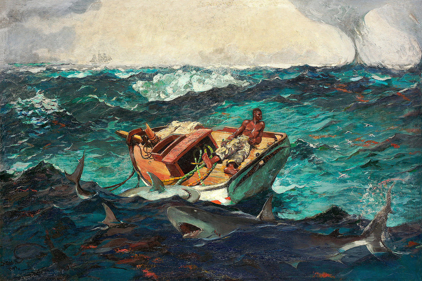 A framed print featuring a historical painting with two individuals in a small boat amidst choppy ocean waters, with a choice of accent colors for the border.