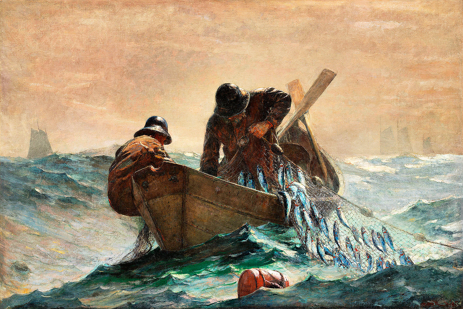 A framed print of a historical painting depicting three men in a small boat, pulling in a large net filled with fish.