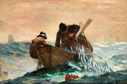 A framed print of a historical painting depicting three men in a small boat, pulling in a large net filled with fish.