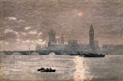 A framed print of The Houses of Parliament by Winslow Homer, depicting the building across the river with a reflection in the water, and boats in the foreground.