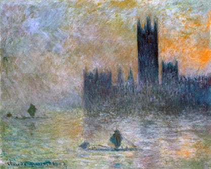 A framed print of 'The Houses of Parliament (Effect of Fog) by Claude Monet, featuring a painting with a gothic cathedral-like building and a body of water in the foreground, with a hazy sky.