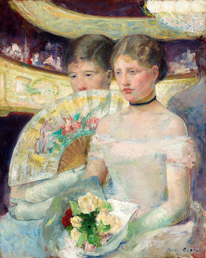 A framed artwork featuring two young girls dressed in white, with one holding a floral fan, set against a blurred background of what appears to be a theater or indoor scene.