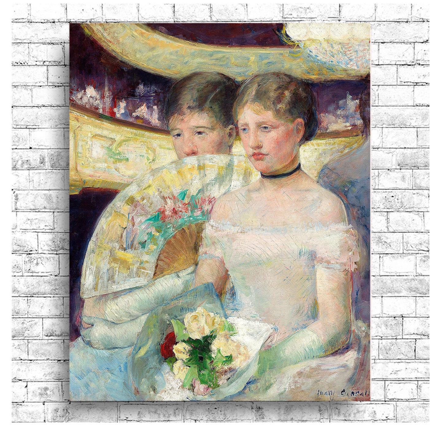 A framed artwork featuring two young girls dressed in white, with one holding a floral fan, set against a blurred background of what appears to be a theater or indoor scene.