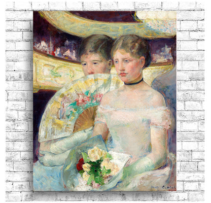 A framed artwork featuring two young girls dressed in white, with one holding a floral fan, set against a blurred background of what appears to be a theater or indoor scene.