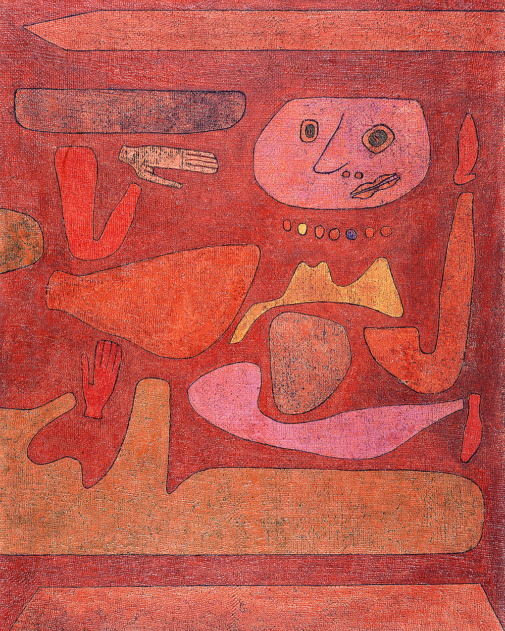 A framed artwork featuring an abstract character depicted with red and orange tones, surrounded by geometric shapes.