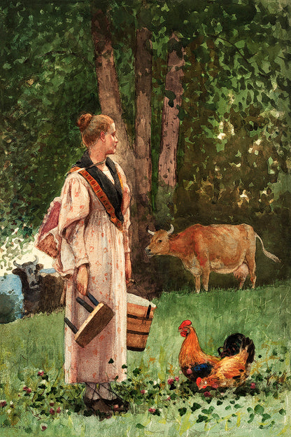 A framed print of 'The Milk Maid' by Winslow Homer, depicting a woman standing in a garden with a cow and chickens.