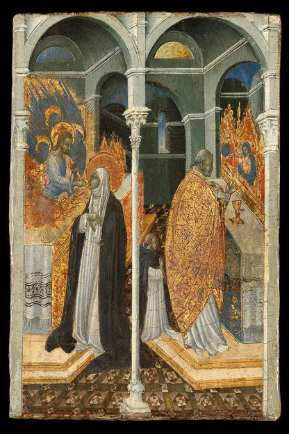 A printed art piece featuring a historical painting with two figures, a colorful altar, and architectural elements, framed in a black frame.