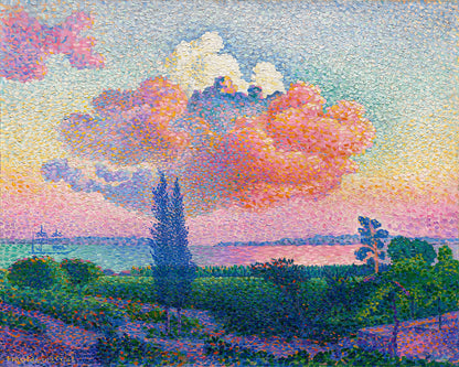 A framed print of a landscape painting featuring a prominent pink cloud in the sky, with green fields and trees in the foreground.