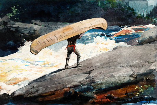 A printed art piece featuring a person carrying a canoe over their shoulder, set against a landscape with rocks and water, bordered by a dark frame.