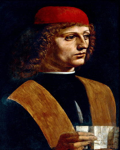 A framed portrait print of a musician wearing a red hat and a brown garment, holding a music sheet, with a dark background.
