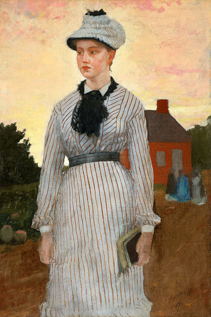 A framed print depicting a woman in a Civil War era dress standing in front of a house, with a predominantly white and black color scheme.