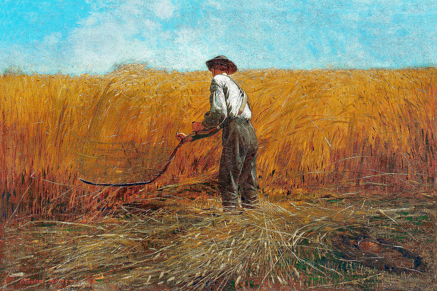 A framed print depicting a person in a field with ripe wheat, representing the artwork 'The Veteran in a New Field (1865)' by Winslow Homer.