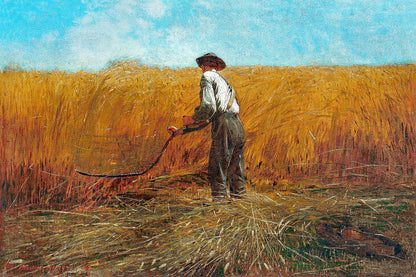 A framed print depicting a person in a field with ripe wheat, representing the artwork 'The Veteran in a New Field (1865)' by Winslow Homer.