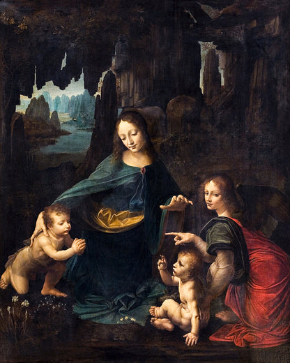 A framed print of 'The Virgin of the Rocks' by Leonardo Di Vinci, depicting the Virgin Mary with two children and an angel in a cave setting.