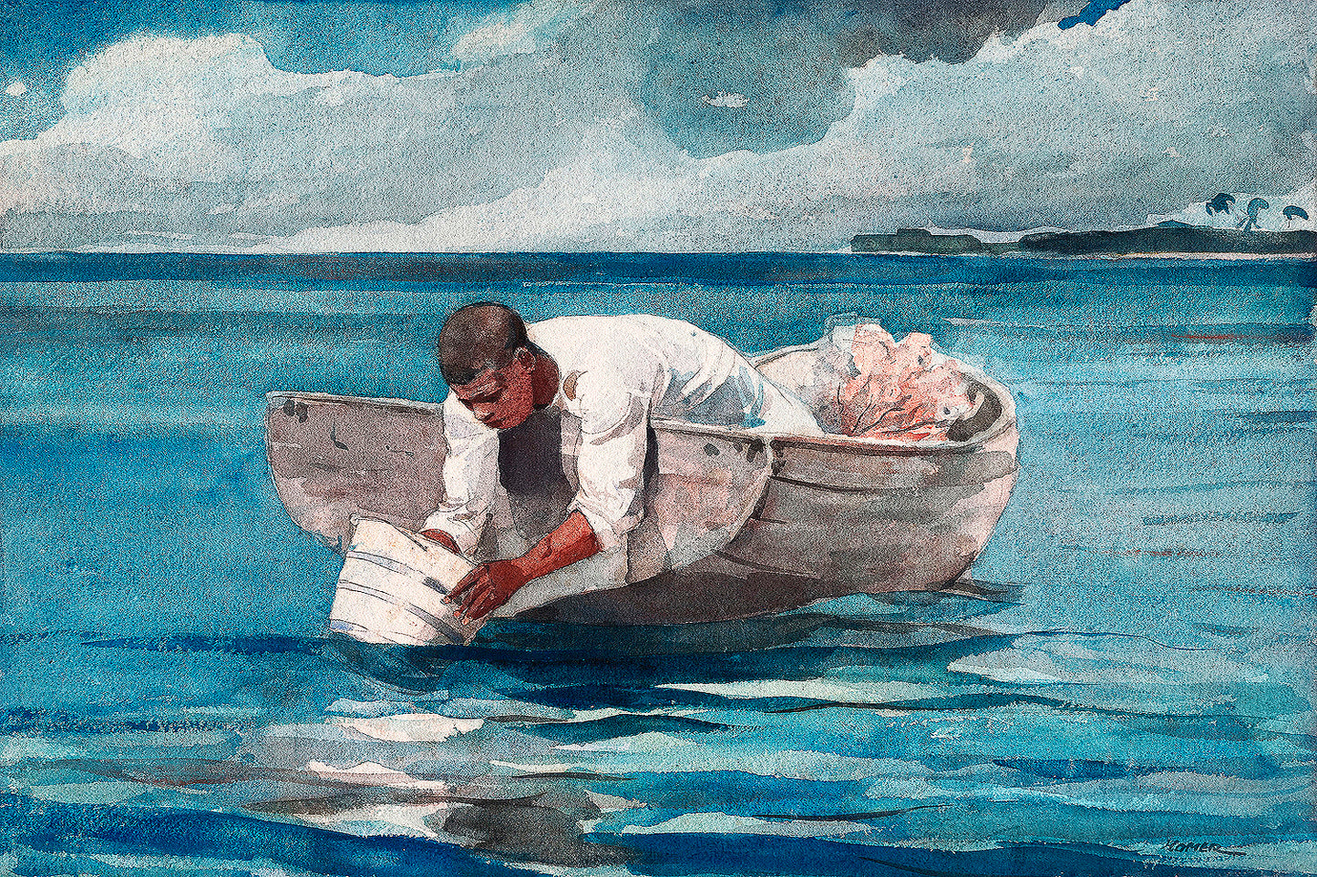 A framed print of a painting depicting a person in a small boat on calm waters, with a clear sky above.