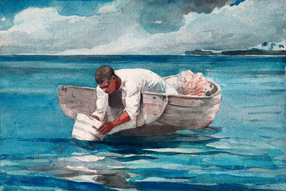 A framed print of a painting depicting a person in a small boat on calm waters, with a clear sky above.