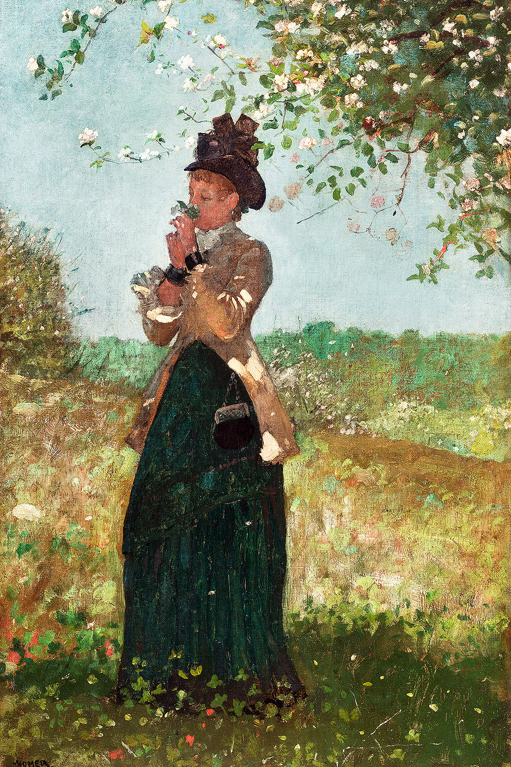 A printed art piece featuring a woman in Victorian clothing standing in a garden, with a black frame around it.