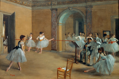 A framed print of 'The Dance Foyer at the Opera' by Edgar Degas, depicting ballerinas in a practice room.