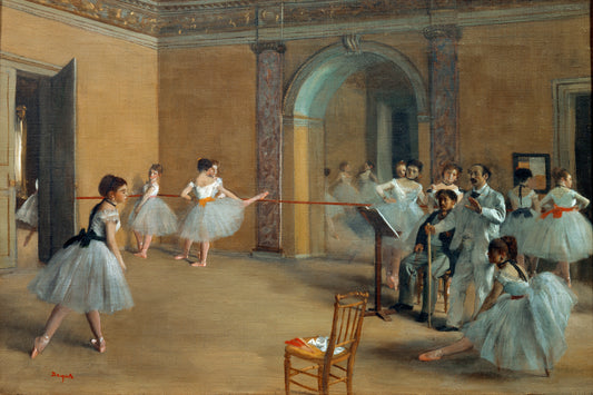 A framed print of 'The Dance Foyer at the Opera' by Edgar Degas, depicting ballerinas in a practice room.