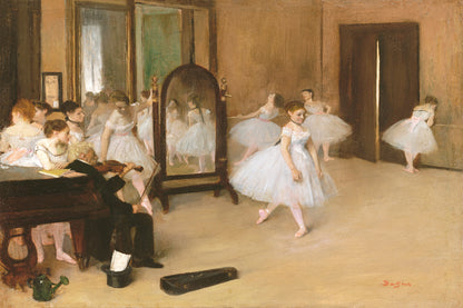 A printed art piece featuring dancers in a classroom setting with a wooden frame, depicting a classic artwork.