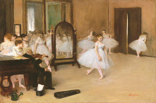 A printed art piece featuring dancers in a classroom setting with a wooden frame, depicting a classic artwork.